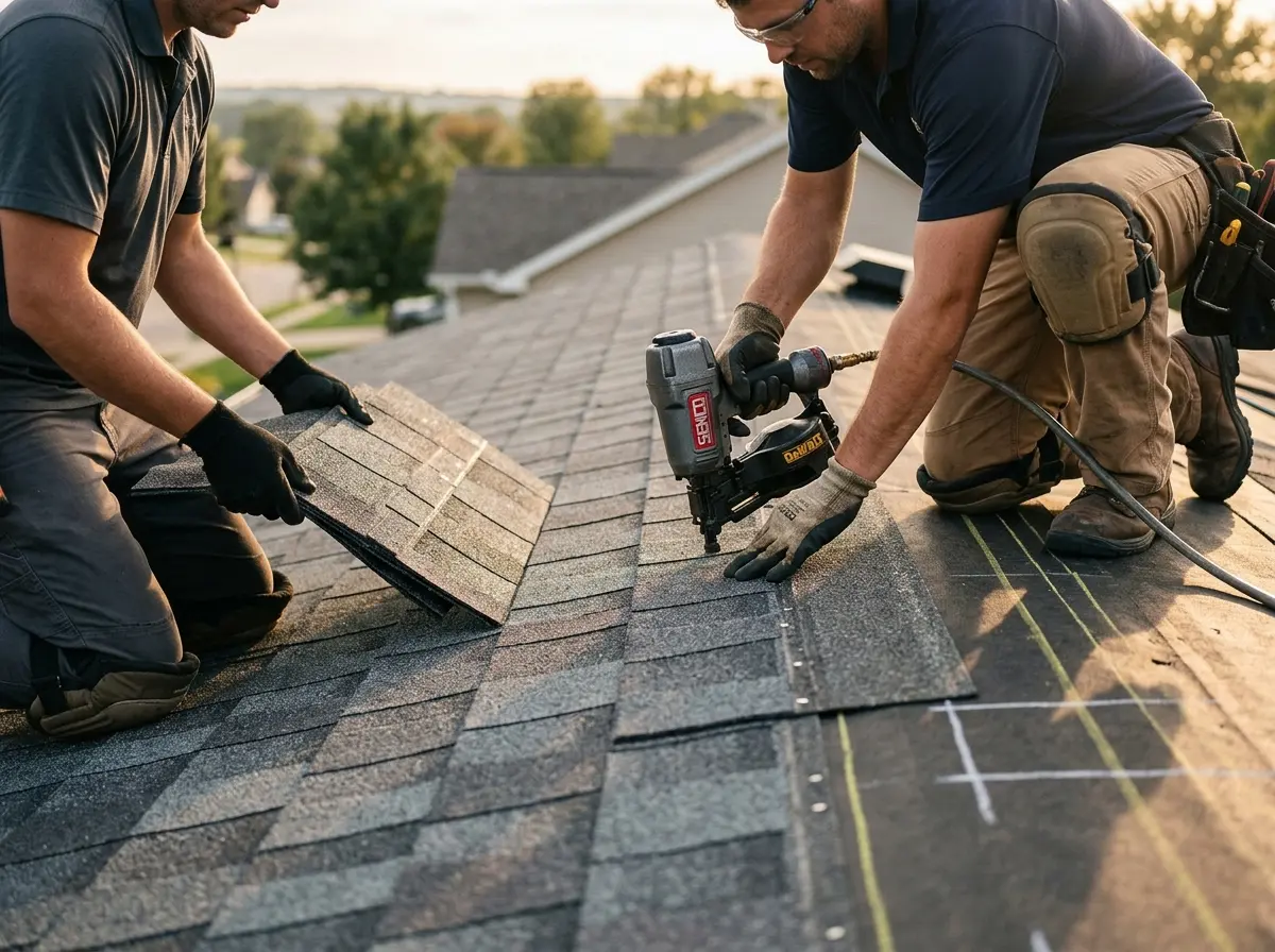 Professional roofer working on a residential roof in Hoboken